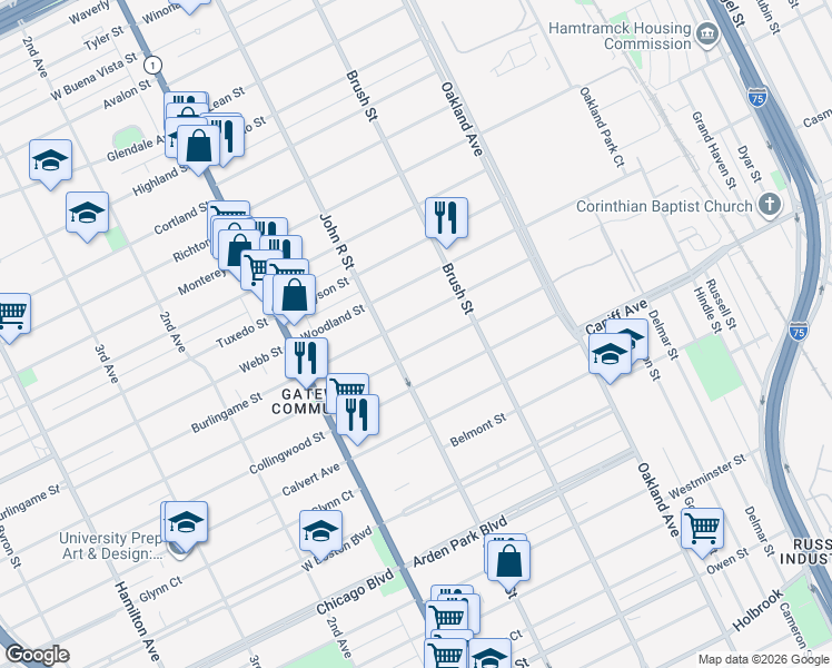 map of restaurants, bars, coffee shops, grocery stores, and more near 242 Englewood Street in Detroit