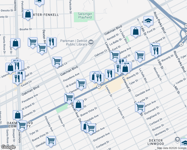 map of restaurants, bars, coffee shops, grocery stores, and more near 2971 Grand Street in Detroit