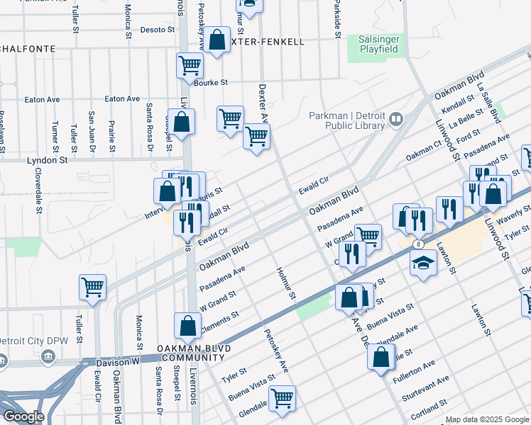 map of restaurants, bars, coffee shops, grocery stores, and more near 2231 Ewald Circle in Detroit