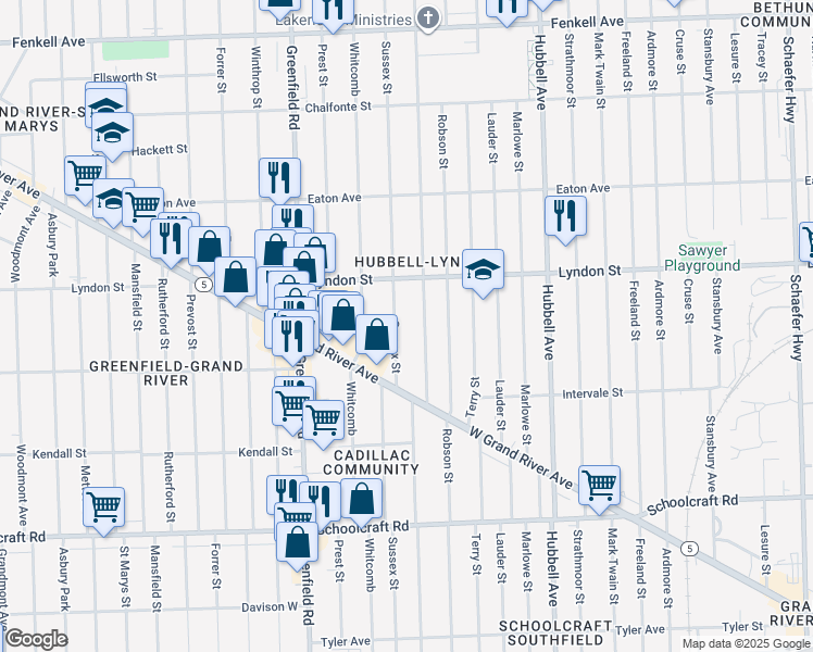 map of restaurants, bars, coffee shops, grocery stores, and more near 14346 Sussex Street in Detroit