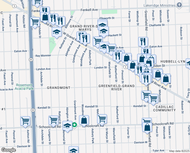 map of restaurants, bars, coffee shops, grocery stores, and more near 14394 Asbury Park in Detroit