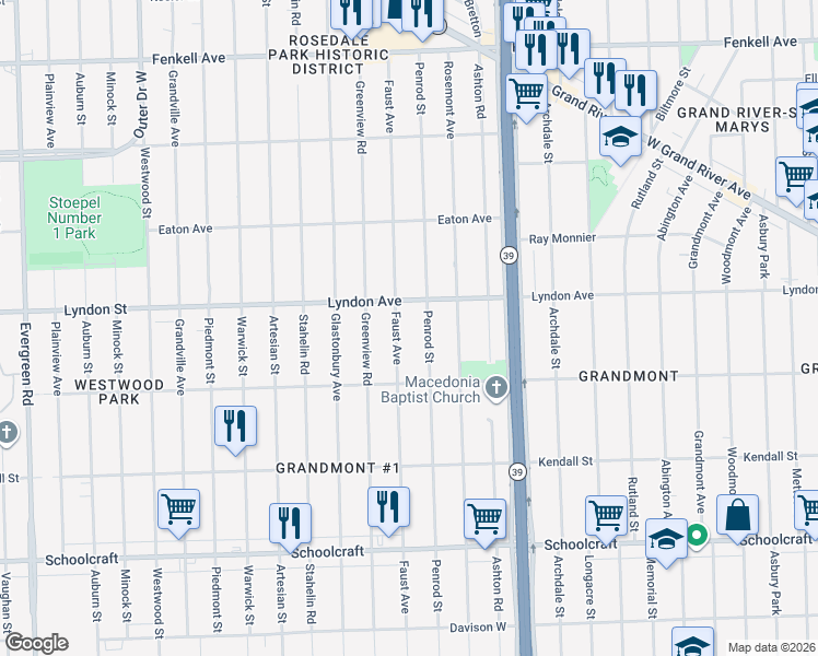 map of restaurants, bars, coffee shops, grocery stores, and more near 14411 Penrod Street in Detroit
