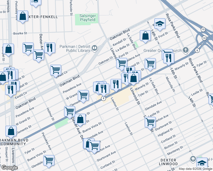 map of restaurants, bars, coffee shops, grocery stores, and more near 2902 Clements Street in Detroit
