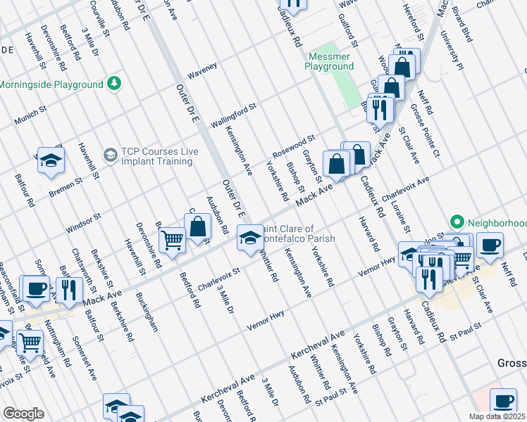 map of restaurants, bars, coffee shops, grocery stores, and more near 13291 Outer Drive East in Detroit