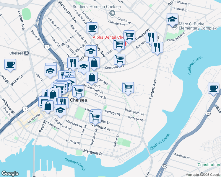 map of restaurants, bars, coffee shops, grocery stores, and more near 181 Highland Street in Chelsea
