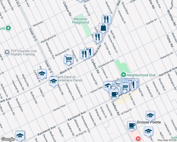 map of restaurants, bars, coffee shops, grocery stores, and more near 1405 Harvard Road in Grosse Pointe