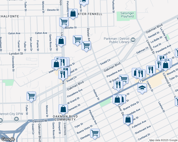 map of restaurants, bars, coffee shops, grocery stores, and more near 2297 Ewald Circle in Detroit