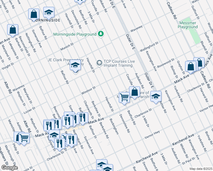 map of restaurants, bars, coffee shops, grocery stores, and more near 3701 Devonshire Road in Detroit