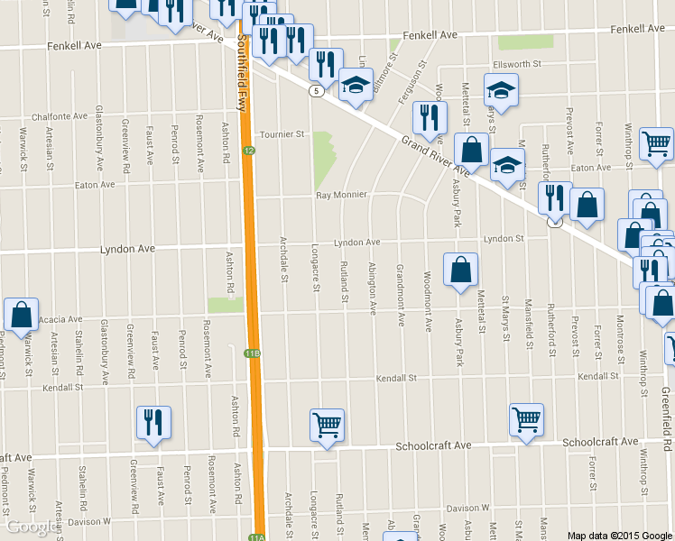 map of restaurants, bars, coffee shops, grocery stores, and more near 14401 Rutland Street in Detroit