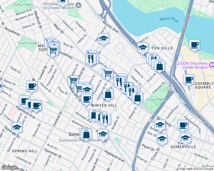 map of restaurants, bars, coffee shops, grocery stores, and more near 59 Dartmouth Street in Somerville