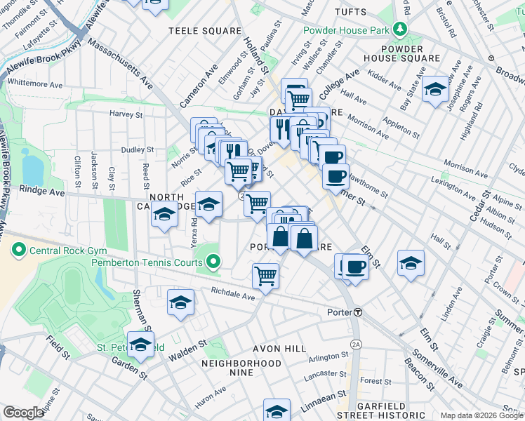 map of restaurants, bars, coffee shops, grocery stores, and more near 2192 Massachusetts Avenue in Cambridge
