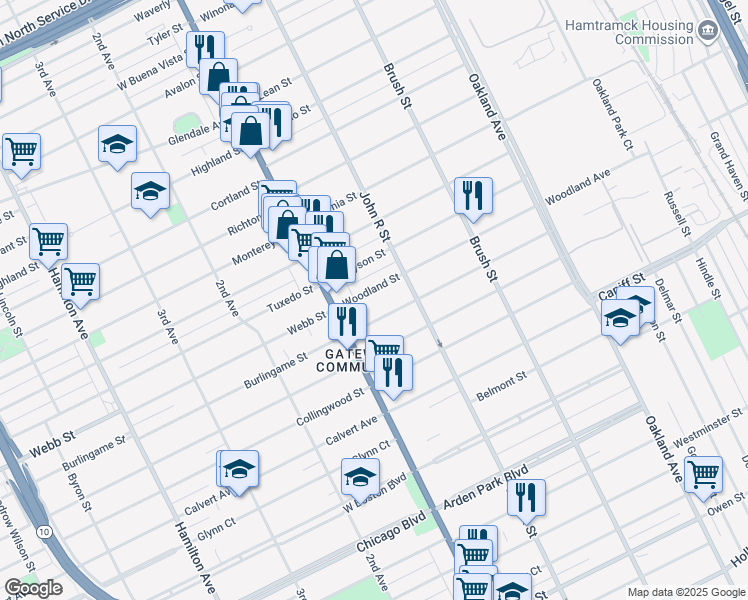 map of restaurants, bars, coffee shops, grocery stores, and more near 80 Woodland Street in Detroit