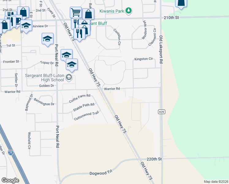 map of restaurants, bars, coffee shops, grocery stores, and more near 1300-1314 Warrior Road in Sergeant Bluff