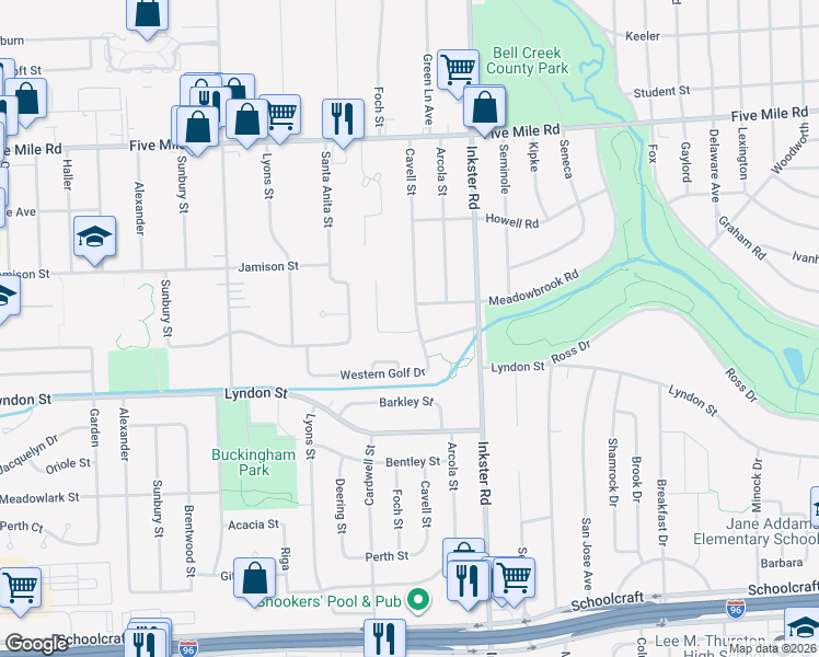 map of restaurants, bars, coffee shops, grocery stores, and more near 14622 Oakley Street in Livonia