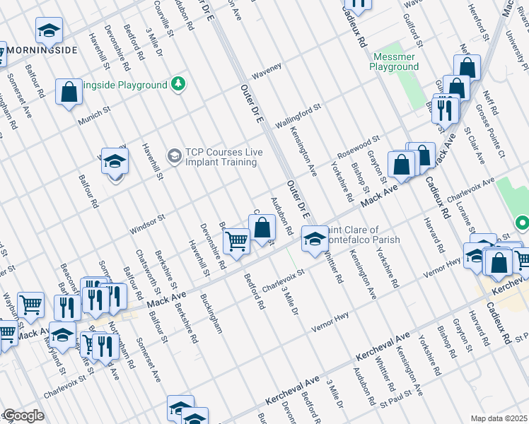 map of restaurants, bars, coffee shops, grocery stores, and more near 3600 Courville Street in Detroit