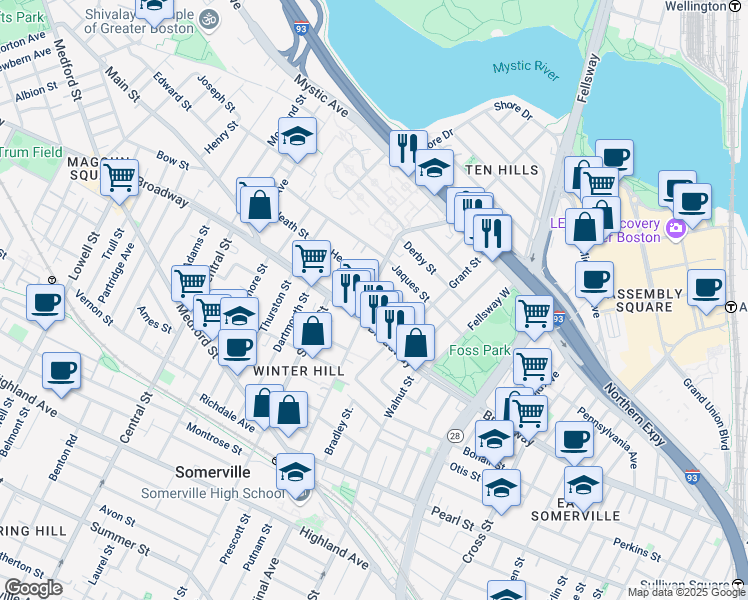 map of restaurants, bars, coffee shops, grocery stores, and more near 299 Broadway in Somerville