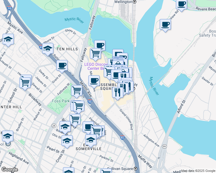 map of restaurants, bars, coffee shops, grocery stores, and more near 74 Foley Street in Somerville