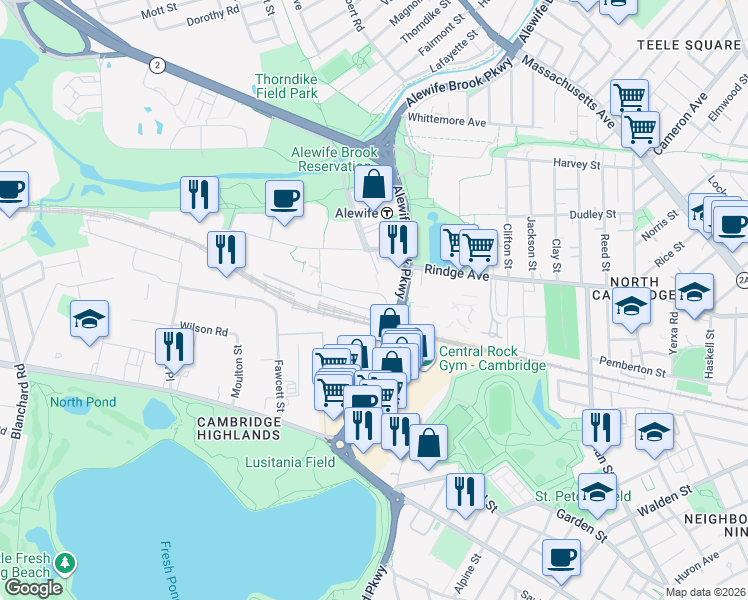 map of restaurants, bars, coffee shops, grocery stores, and more near 80 Cambridgepark Drive in Cambridge