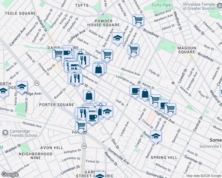 map of restaurants, bars, coffee shops, grocery stores, and more near 322 Highland Avenue in Somerville