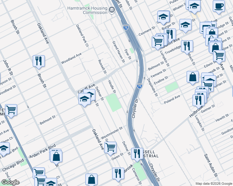map of restaurants, bars, coffee shops, grocery stores, and more near 9833 Russell Street in Detroit