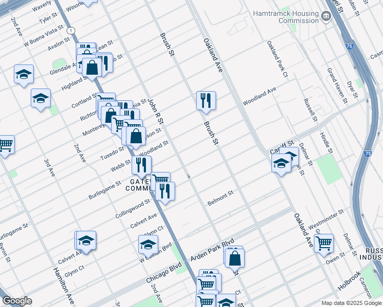 map of restaurants, bars, coffee shops, grocery stores, and more near 242 Englewood Street in Detroit