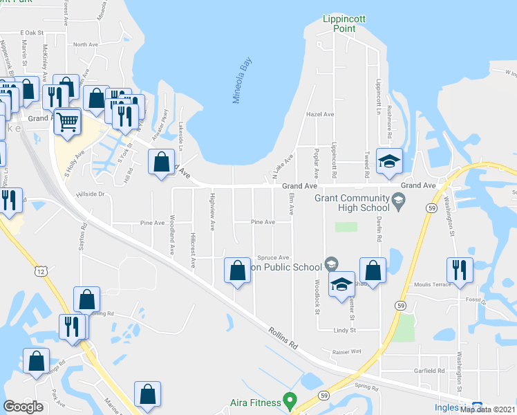 map of restaurants, bars, coffee shops, grocery stores, and more near 13 Hickory Avenue in Fox Lake