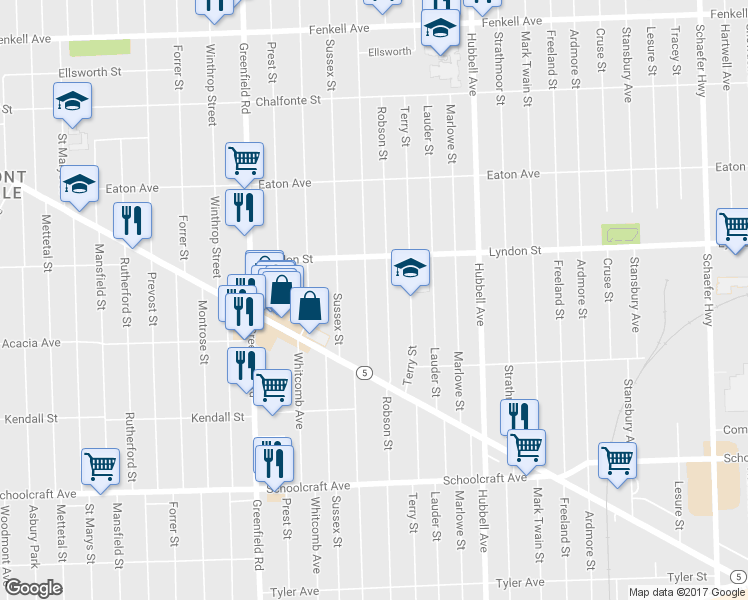 map of restaurants, bars, coffee shops, grocery stores, and more near 14366 Coyle Street in Detroit