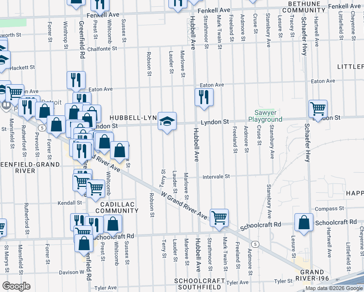 map of restaurants, bars, coffee shops, grocery stores, and more near 14345 Marlowe Street in Detroit