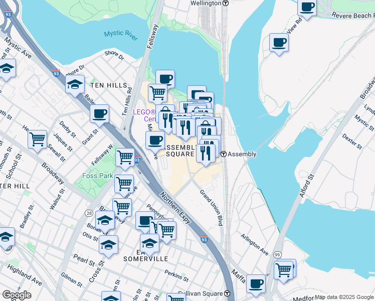 map of restaurants, bars, coffee shops, grocery stores, and more near Foley Street in Somerville