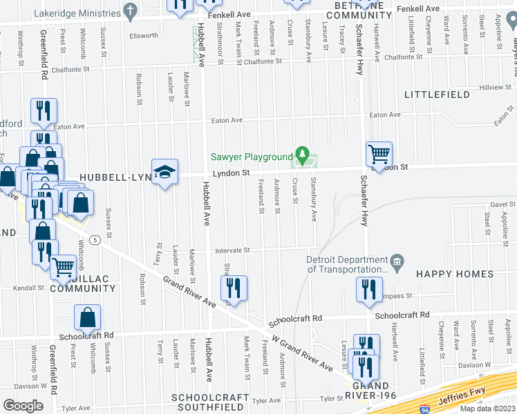 map of restaurants, bars, coffee shops, grocery stores, and more near 14335 Freeland Street in Detroit
