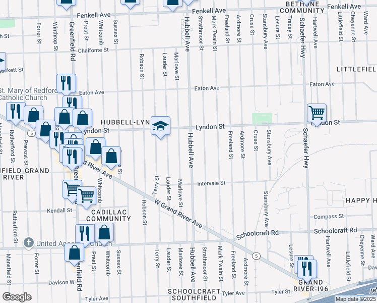 map of restaurants, bars, coffee shops, grocery stores, and more near 14347 Hubbell Avenue in Detroit