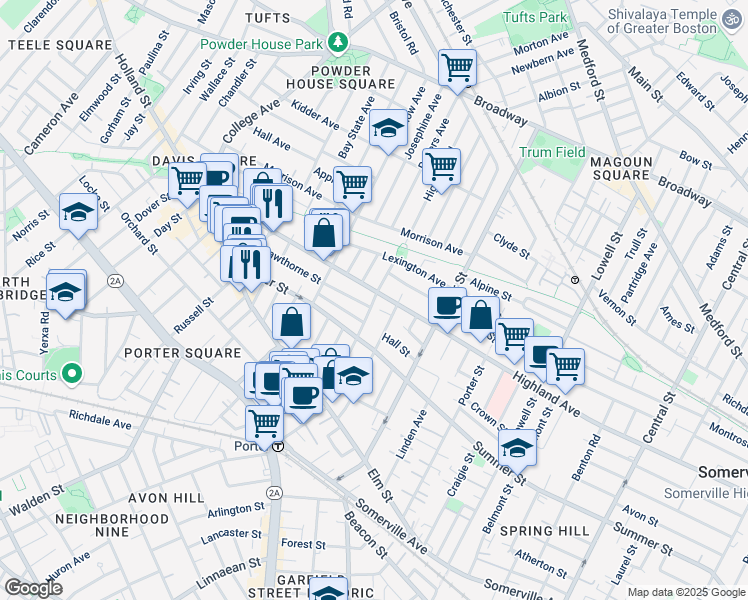 map of restaurants, bars, coffee shops, grocery stores, and more near 322 Highland Avenue in Somerville