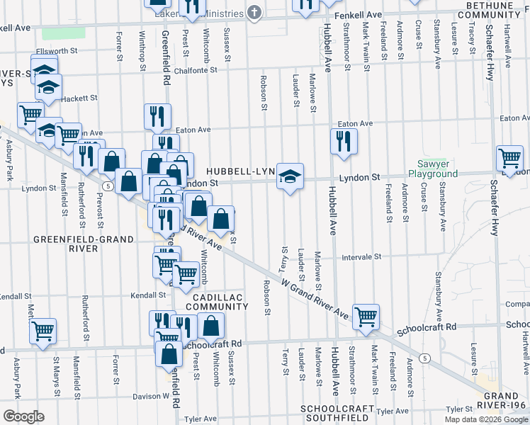 map of restaurants, bars, coffee shops, grocery stores, and more near 14366 Coyle Street in Detroit