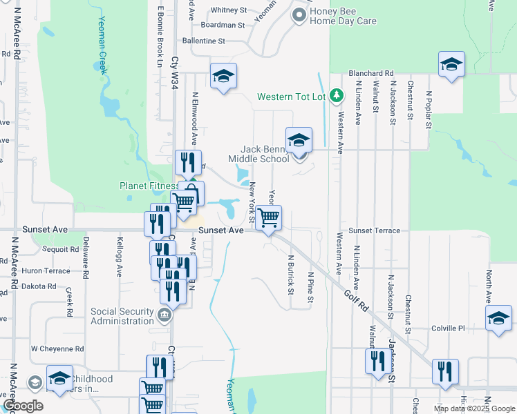 map of restaurants, bars, coffee shops, grocery stores, and more near 2223 New York Street in Waukegan