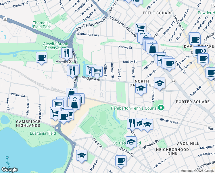 map of restaurants, bars, coffee shops, grocery stores, and more near 410-426 Clifton Street in Cambridge