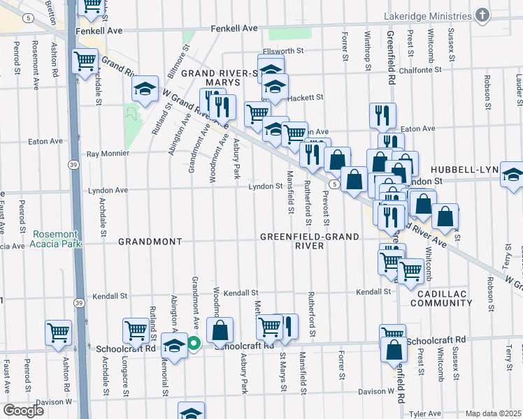 map of restaurants, bars, coffee shops, grocery stores, and more near 14392 Mettetal Street in Detroit