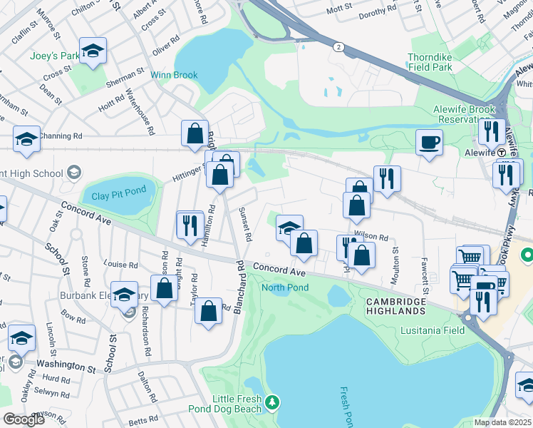 map of restaurants, bars, coffee shops, grocery stores, and more near 84 Griswold Street in Cambridge