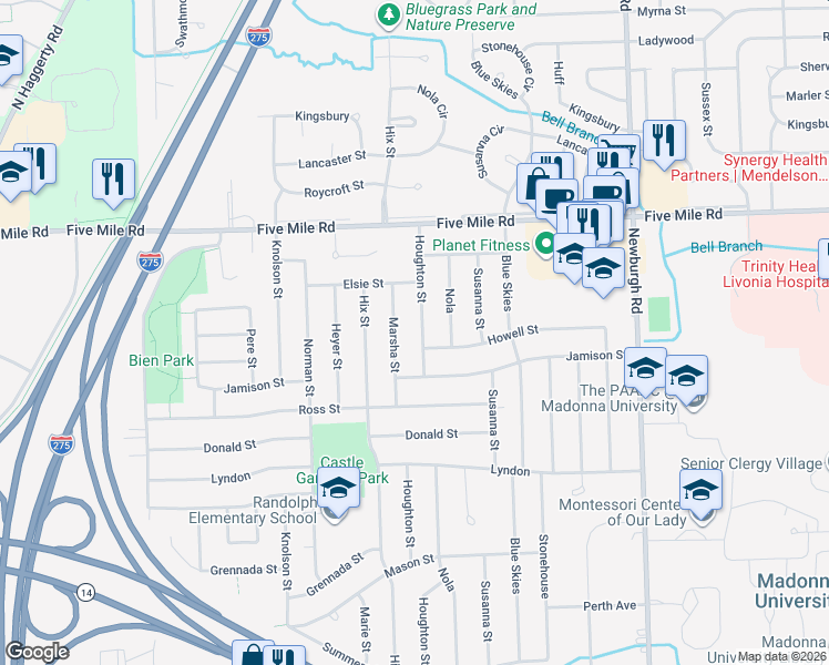 map of restaurants, bars, coffee shops, grocery stores, and more near 15033 Houghton Street in Livonia