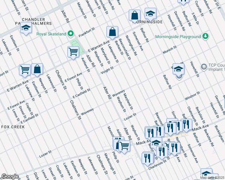 map of restaurants, bars, coffee shops, grocery stores, and more near 4316 Wayburn Street in Detroit