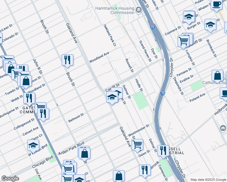 map of restaurants, bars, coffee shops, grocery stores, and more near 10296 Goodwin Street in Detroit