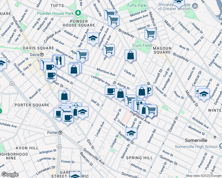 map of restaurants, bars, coffee shops, grocery stores, and more near 124 Cedar Street in Somerville