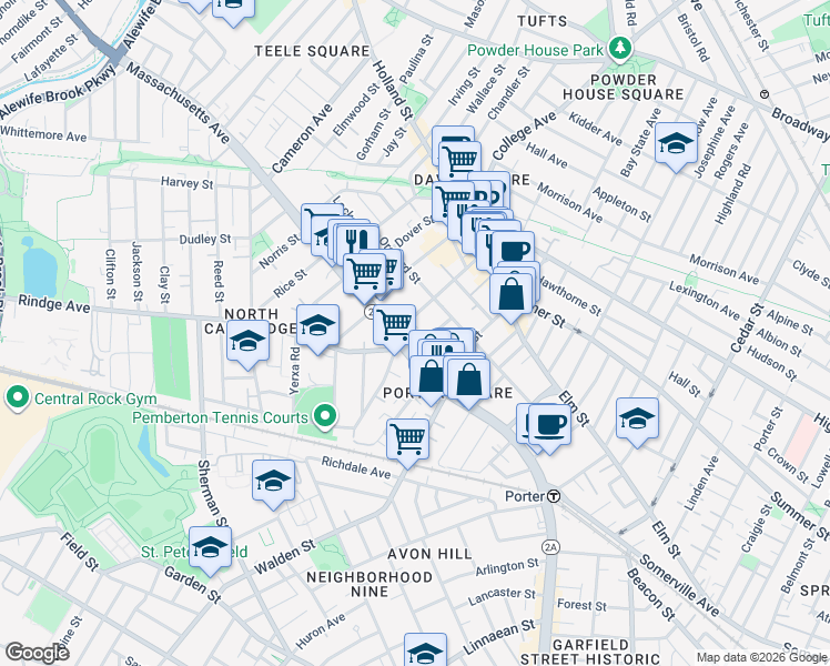 map of restaurants, bars, coffee shops, grocery stores, and more near 15 Milton Street in Cambridge