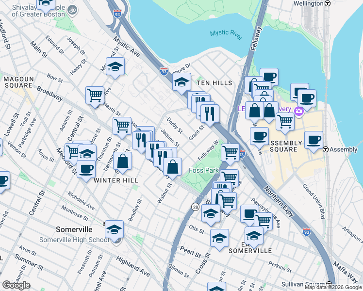 map of restaurants, bars, coffee shops, grocery stores, and more near 19 Jaques Street in Somerville