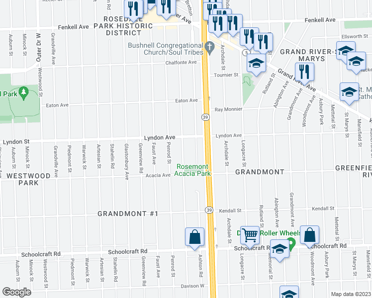 map of restaurants, bars, coffee shops, grocery stores, and more near 14410 Rosemont Avenue in Detroit