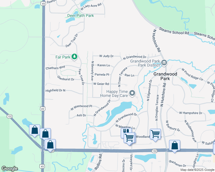 map of restaurants, bars, coffee shops, grocery stores, and more near 18583 West Geier Road in Gurnee