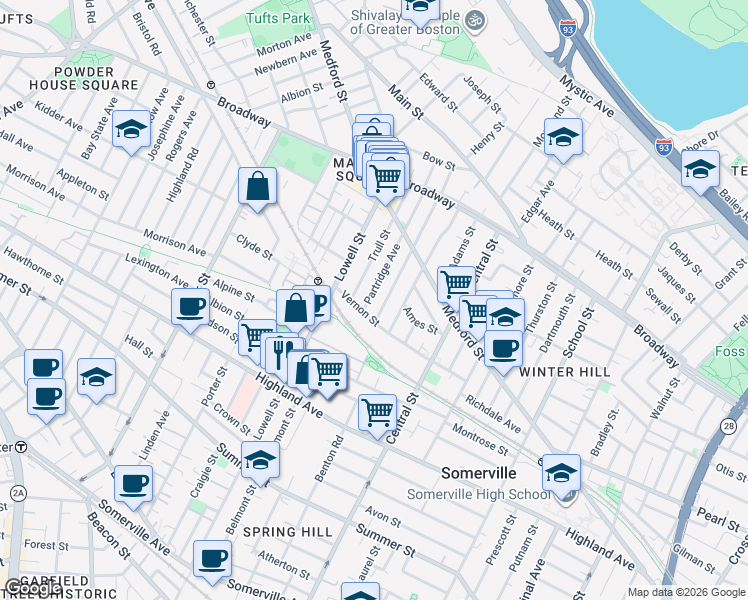 map of restaurants, bars, coffee shops, grocery stores, and more near in Somerville