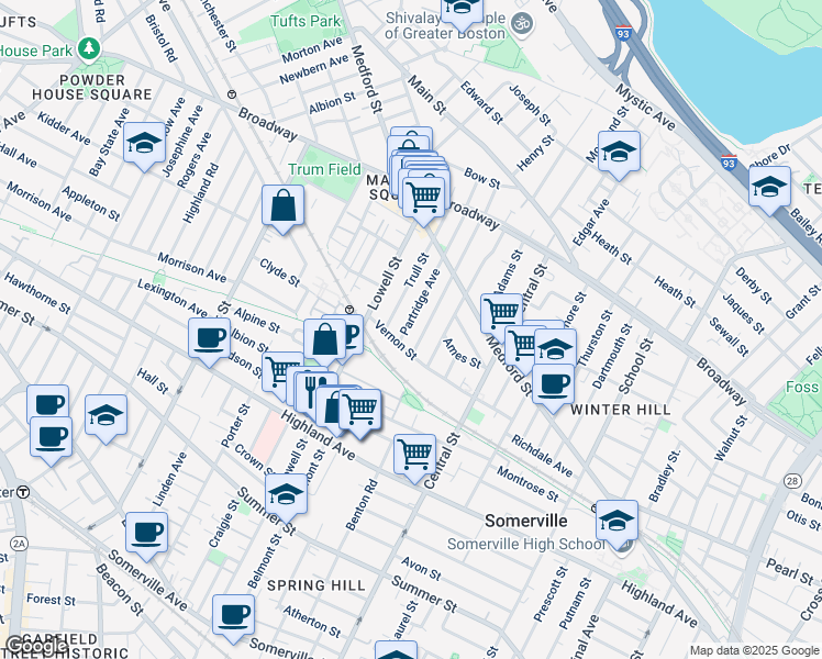 map of restaurants, bars, coffee shops, grocery stores, and more near in Somerville