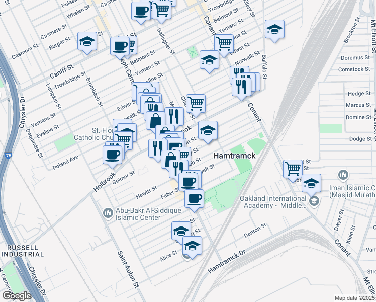 map of restaurants, bars, coffee shops, grocery stores, and more near 2981 Hanley Street in Hamtramck