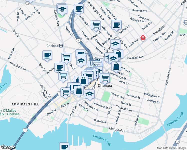 map of restaurants, bars, coffee shops, grocery stores, and more near 16 5th Street in Chelsea
