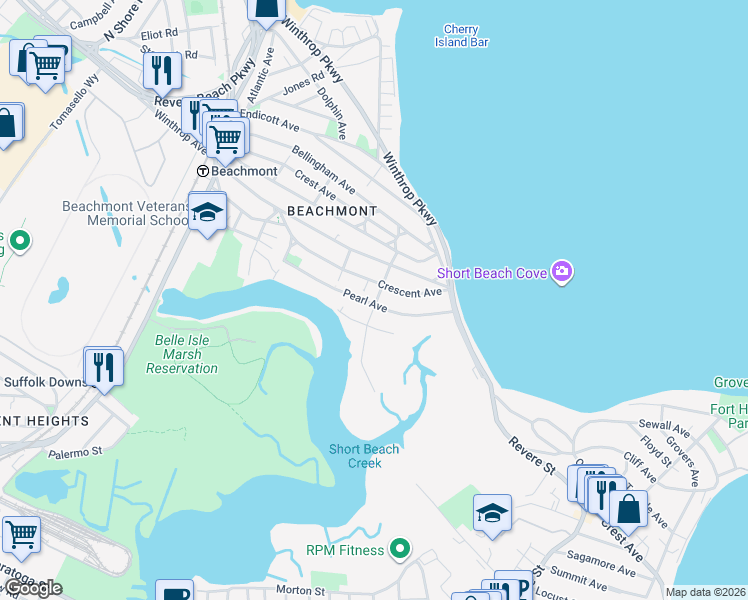 map of restaurants, bars, coffee shops, grocery stores, and more near 81 Pearl Avenue in Revere